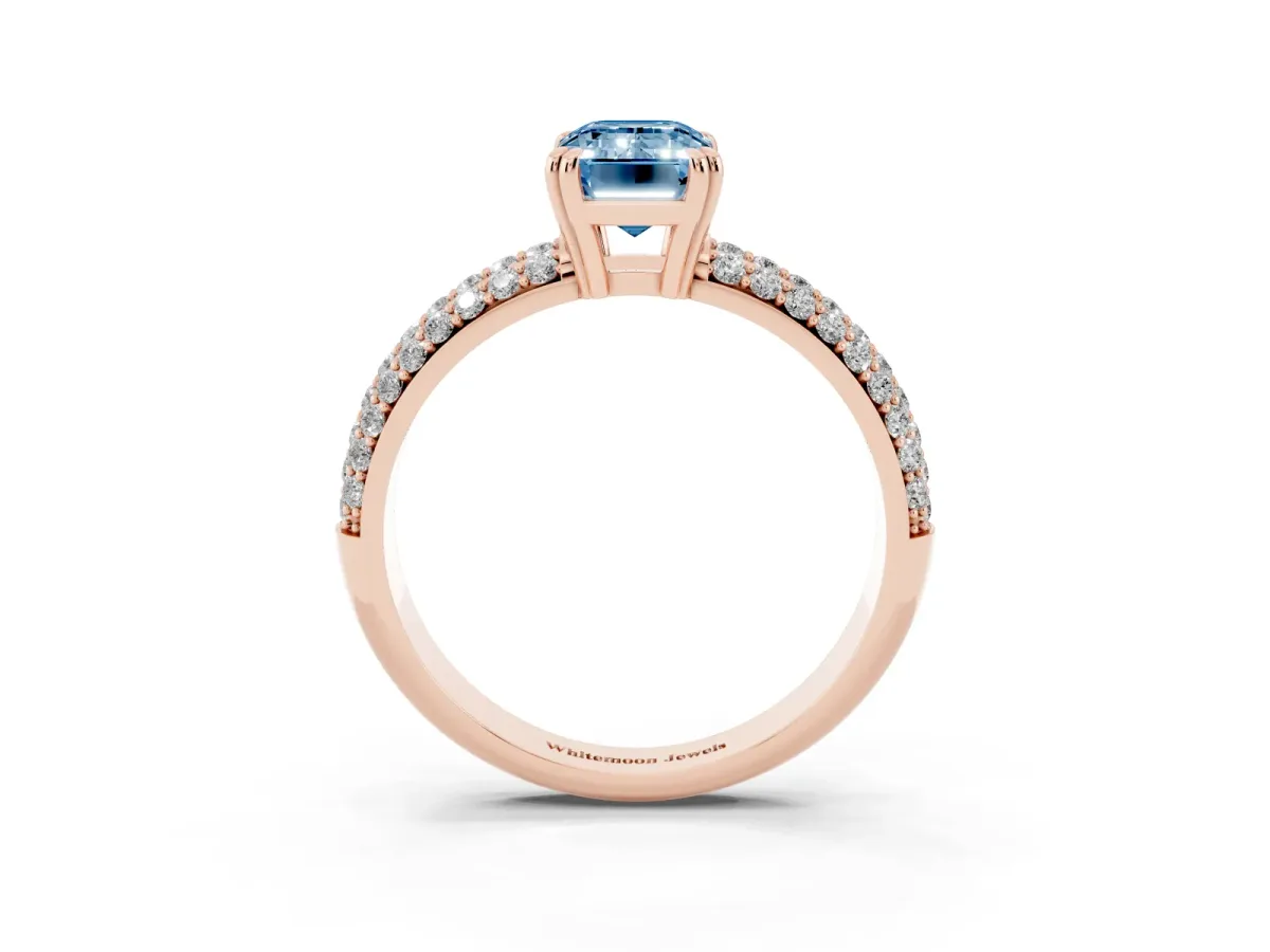 Fancy Blue Emerald Cut Diamond Solitaire Ring with Multi-Row Round Pavé Band and Prong Setting Rose gold