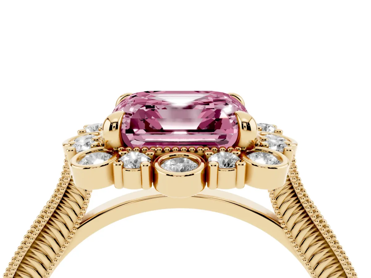 Fancy Pink Asscher Cut Halo Milgrain Pave Diamond Ring with Four-Prong Setting Yellow gold