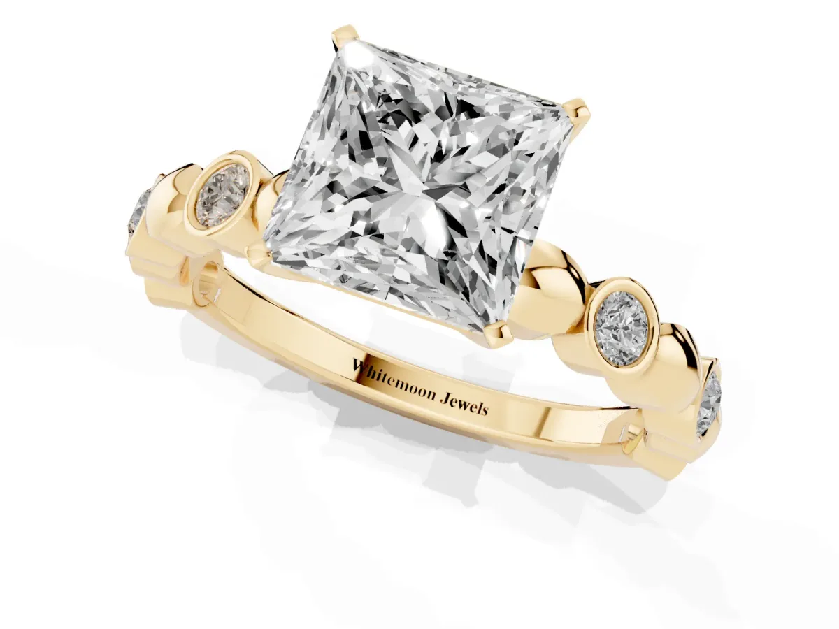 Princess Cut Solitaire Bezel-Set Diamond Ring with Beaded Band and Four-Prong Setting Yellow gold