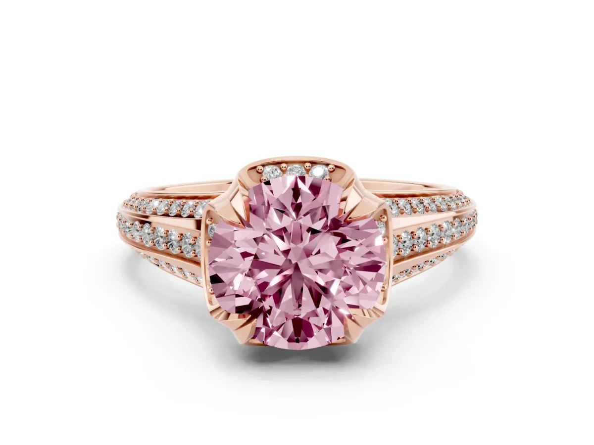 Fancy Pink Round Cut Solitaire Pave Split Shank Ring with Four-Prong Setting Rose gold
