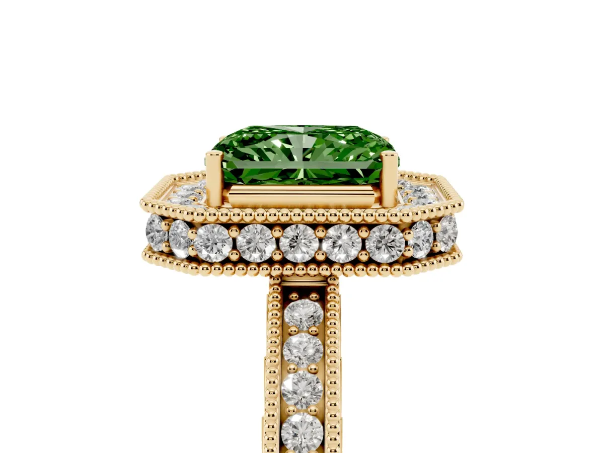 Fancy Green Radiant Cut Diamond Milgrain Halo Engagement Ring with Round Pavé Band and Prong Setting Yellow gold