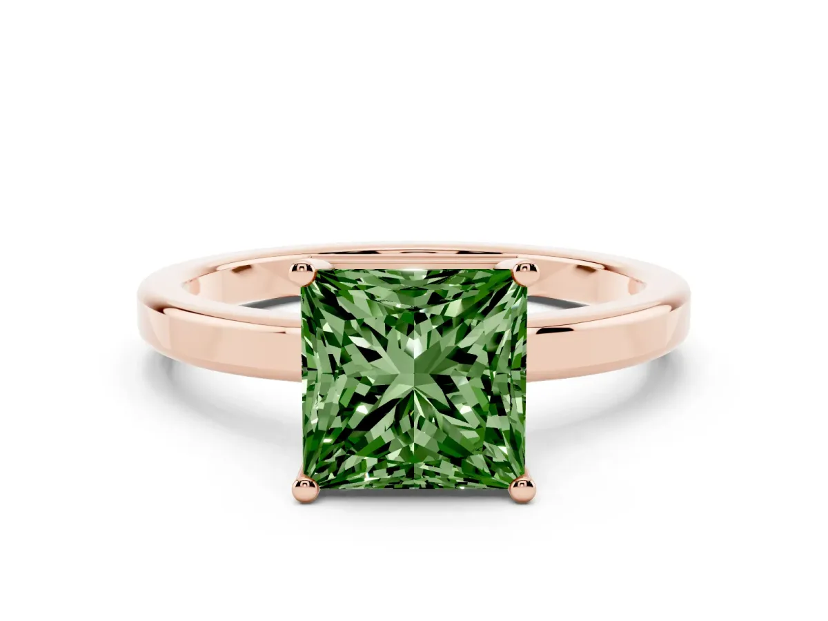 Fancy Green Princess Cut Cut Solitaire Engagement Ring with Four-Prong Setting on a Classic Band Rose gold