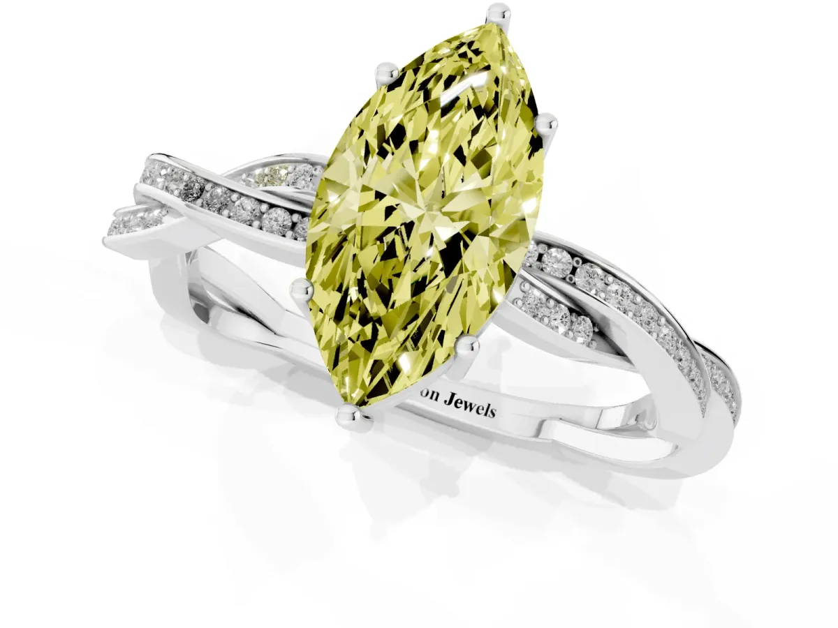 Fancy Yellow Marquise Cut Solitaire Twisted Pave Diamond Ring with Four-Prong Setting White gold