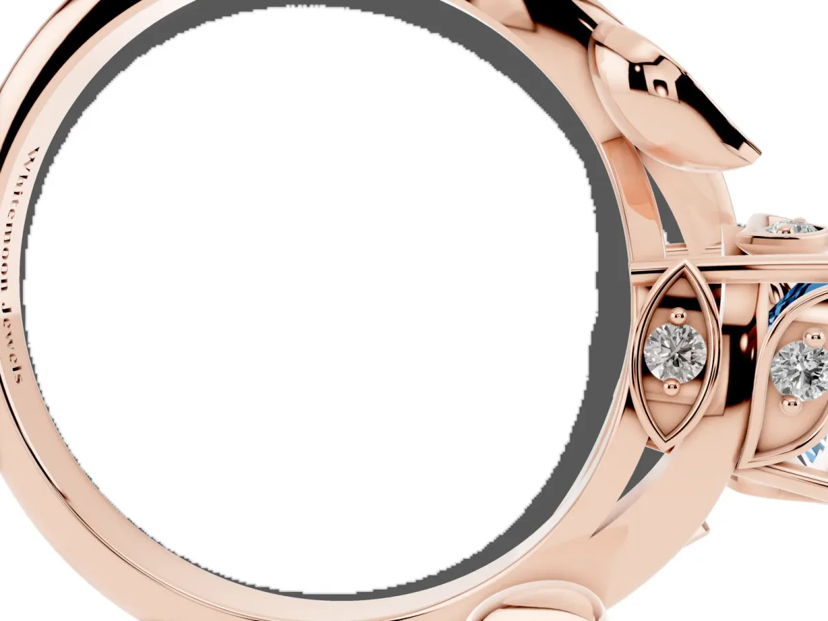 Fancy Blue Radiant Cut Solitaire Twist Engagement Ring with Leaf Accents and Prong Setting Rose gold