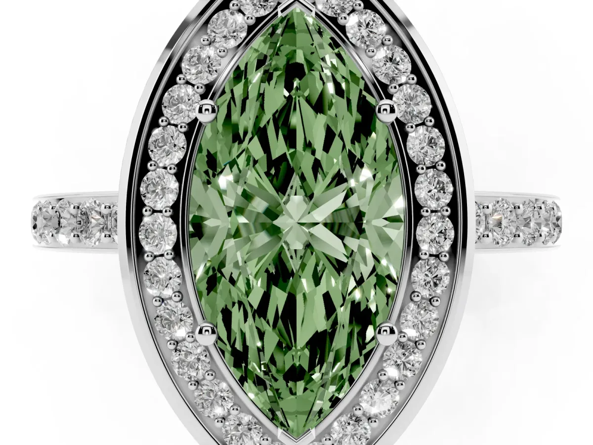 Fancy Green Marquise Cut Diamond Halo Ring with Bezel Frame and Pavé Band Silver