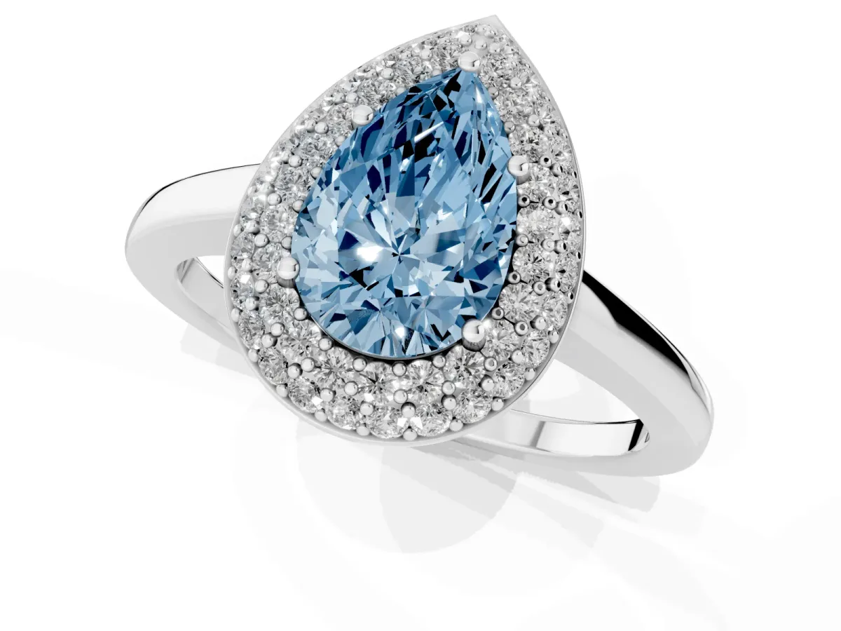 Fancy Blue Pear Cut Halo Diamond Engagement Ring with Solitaire Band and Four-Prong Setting Silver