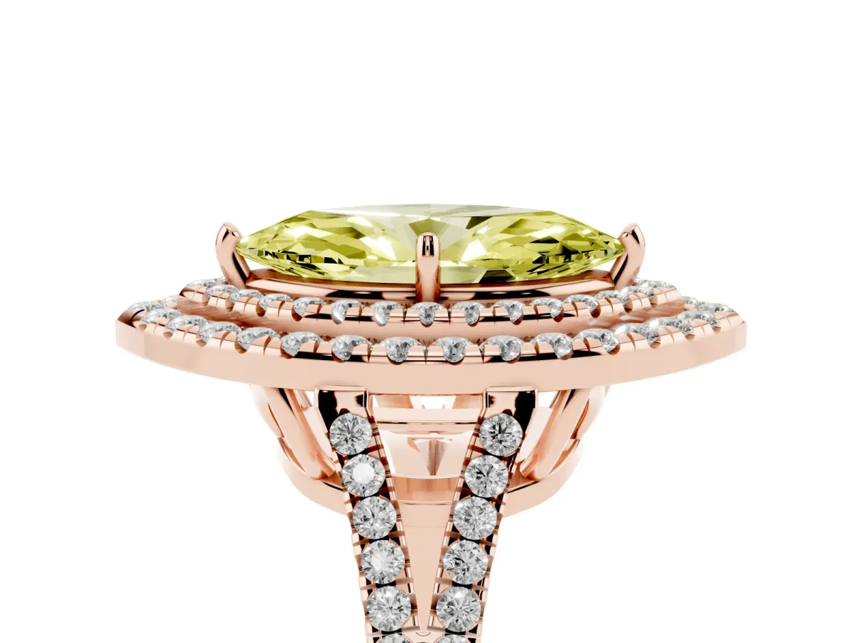 Fancy Yellow Marquise Cut Diamond Double Halo Ring with Pavé Band and Prong Setting Rose gold
