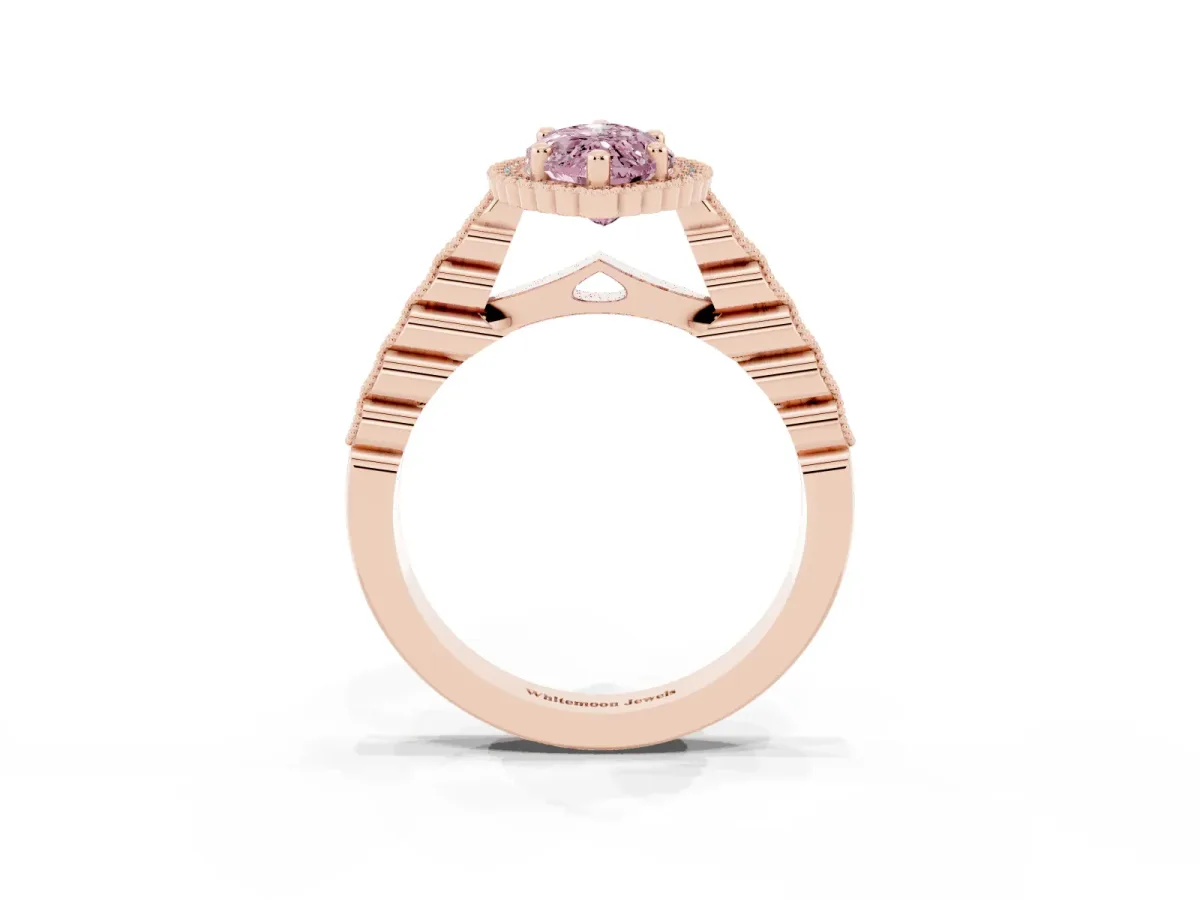 Fancy Pink Marquise Cut Cut Halo Pavé Solitaire Ring with Milgrain Band Rose gold