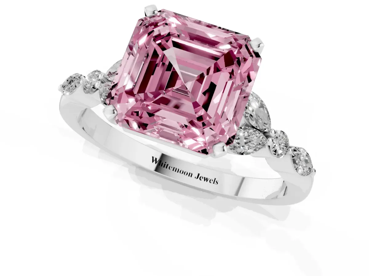 Fancy Pink Asscher Cut Diamond Solitaire Ring with Side Stones and Four-Prong Setting Silver