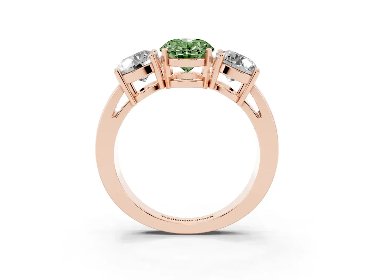 Fancy Green Three-Stone Oval Cut Diamond Ring with Round Side Stones, Classic Band, and Four-Prong Setting Rose gold