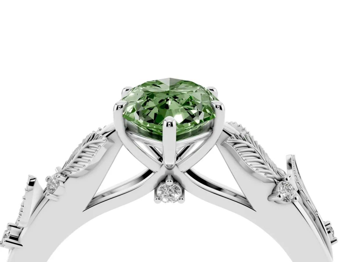 Fancy Green Marquise Cut Diamond Solitaire Ring with Leaf Motif Band and Four-Prong Setting Silver