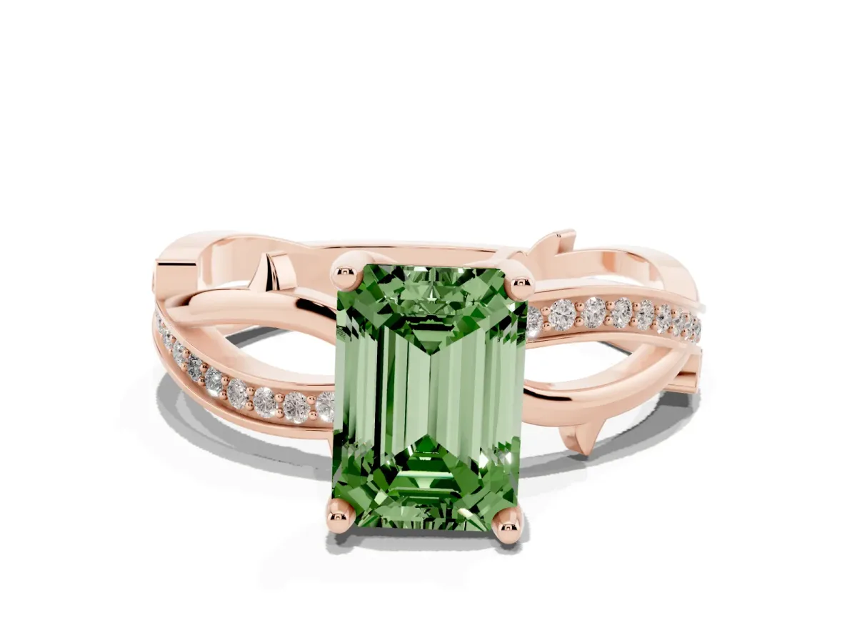 Fancy Green Emerald Cut Solitaire Twist Band with Pavé Accents and Four-Prong Setting Rose gold