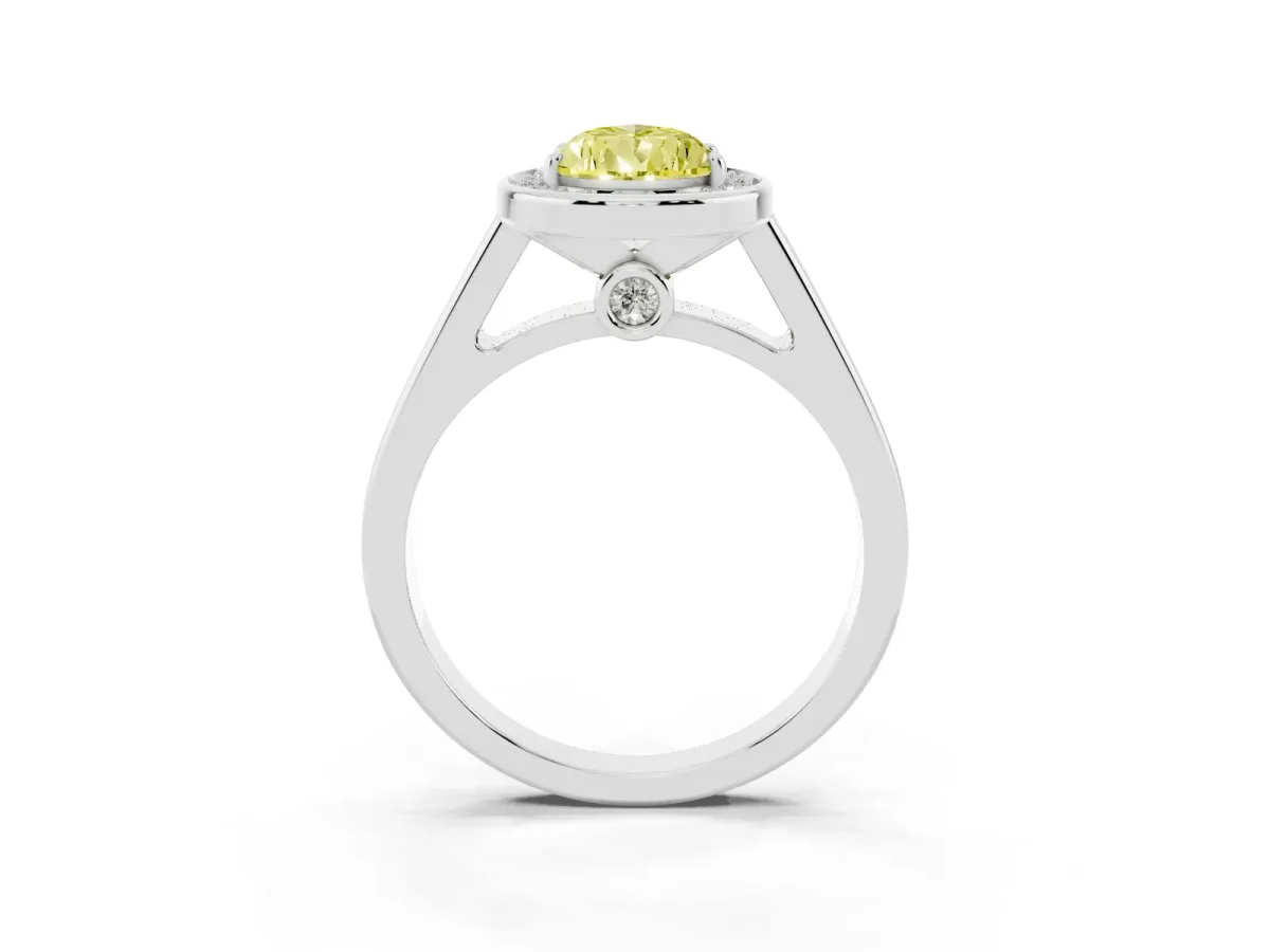 Fancy Yellow Pear Cut Halo Solitaire Diamond Ring with Pave Band and Bezel Setting Platinum
