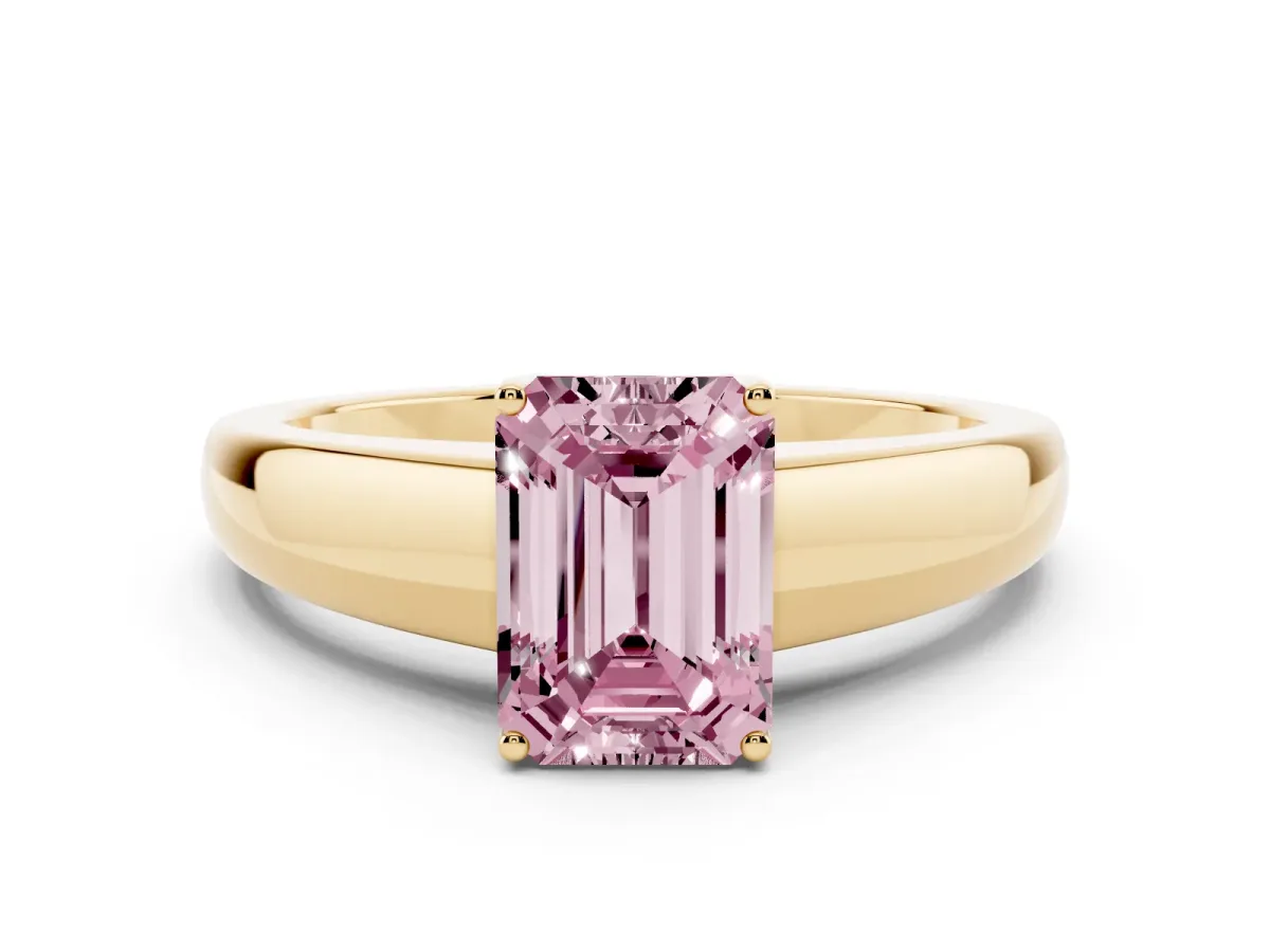 Fancy Pink Emerald Cut Solitaire Diamond Ring with Tapered Band and Four-Prong Setting Yellow gold