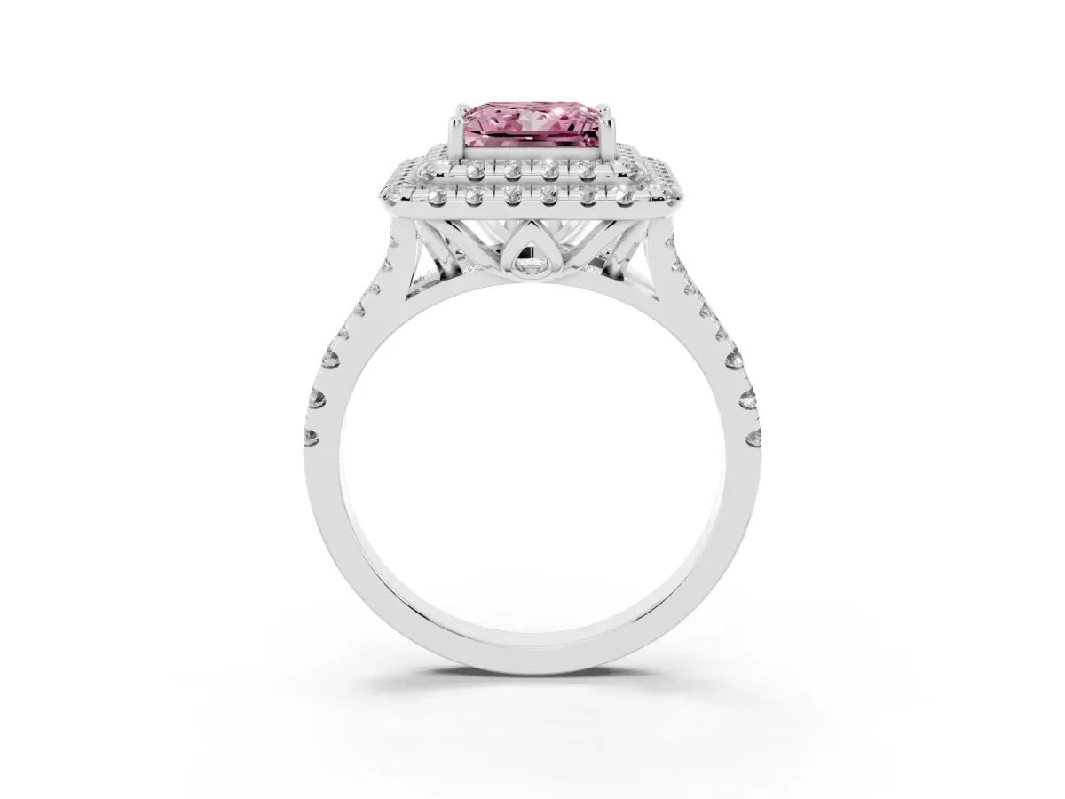 Fancy Pink Double Halo Princess Cut Diamond Pavé Split Shank Ring with Prong Setting Platinum