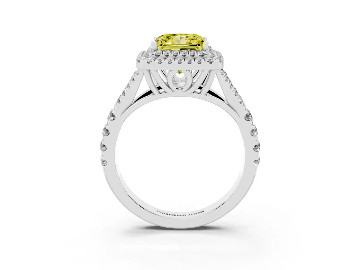 Fancy Yellow Princess Cut Diamond Pavé Split Shank Double Halo Engagement Ring Silver