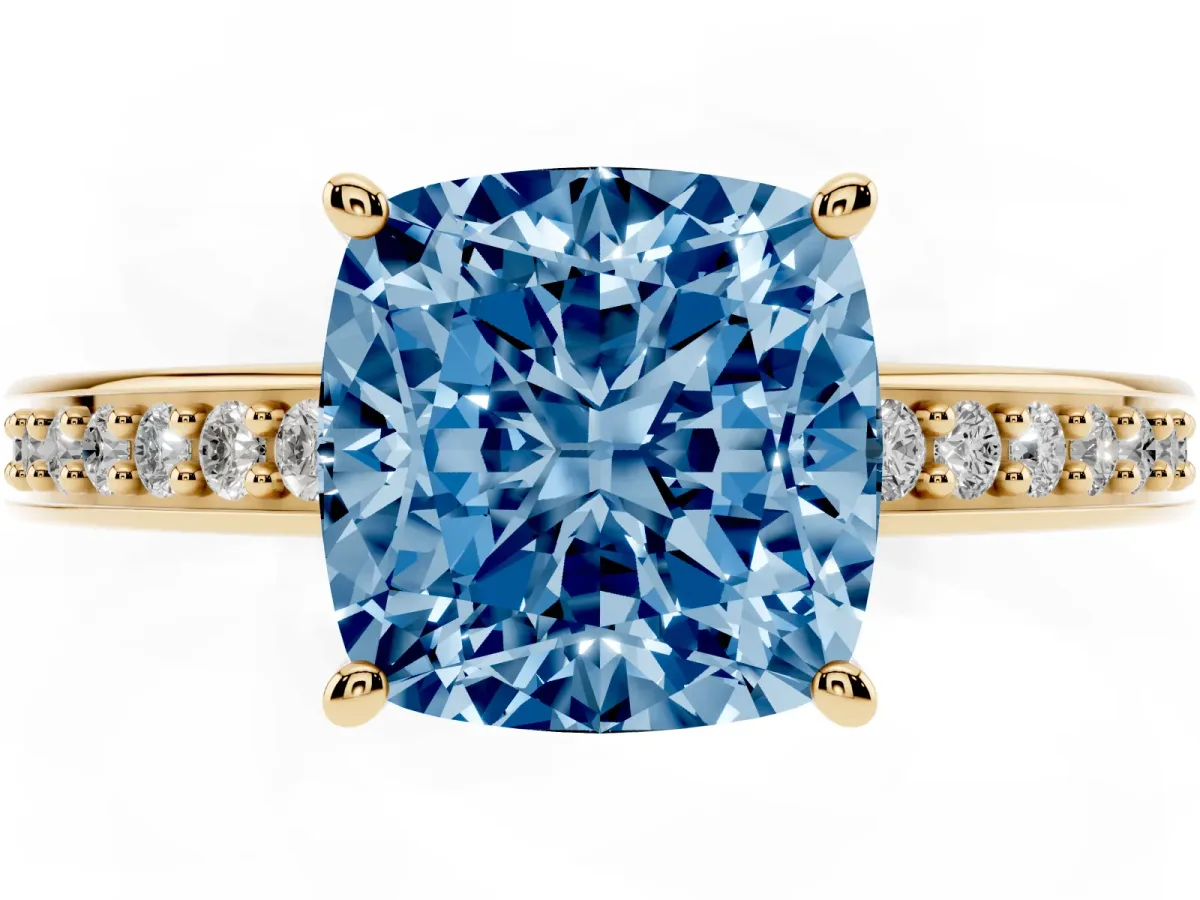 Fancy Blue Cushion Cut Solitaire Pavé Band Prong Setting Ring Yellow gold