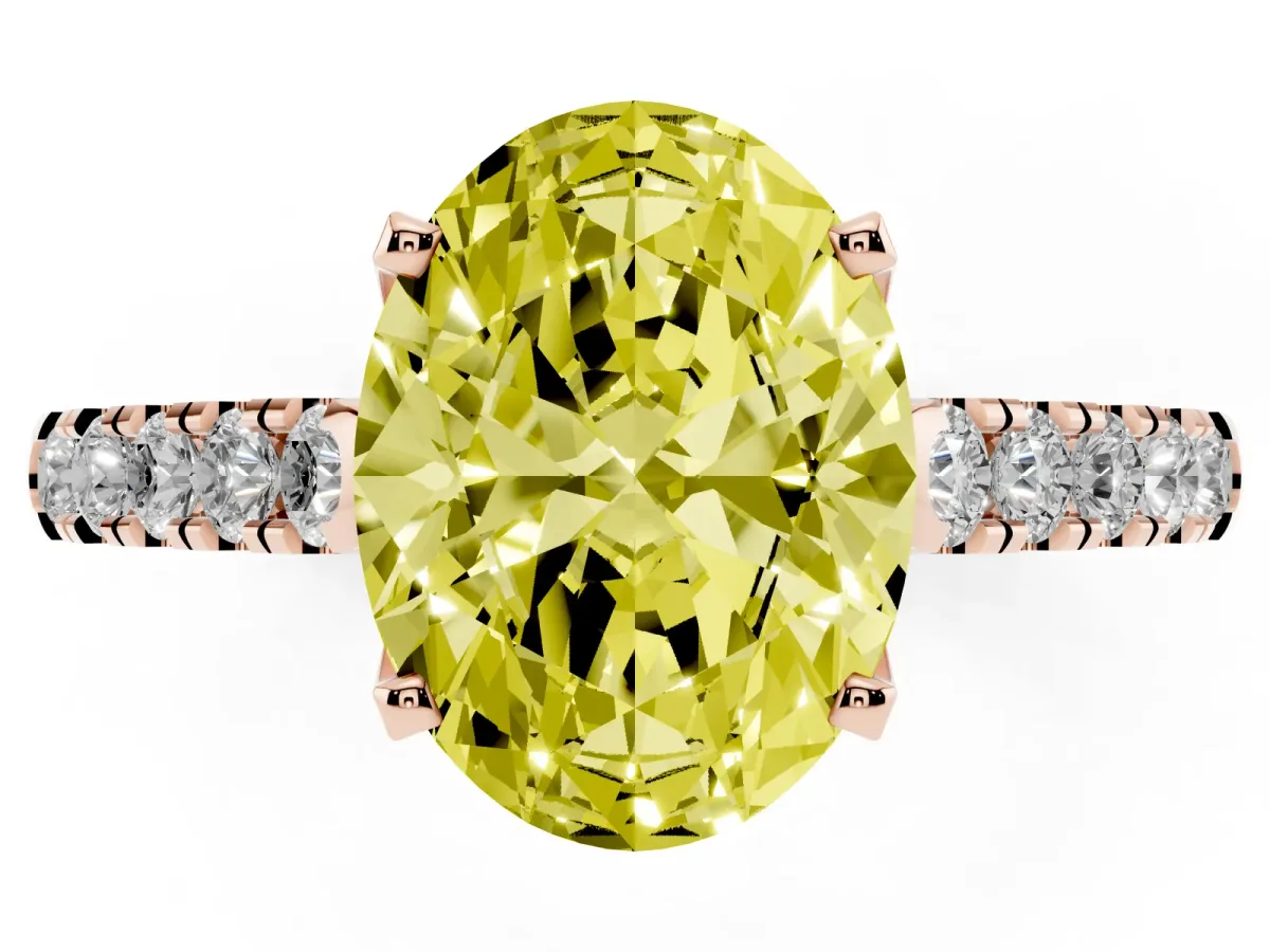 Fancy Yellow Oval Cut Diamond Pavé Band Solitaire Ring with Prong Setting Rose gold