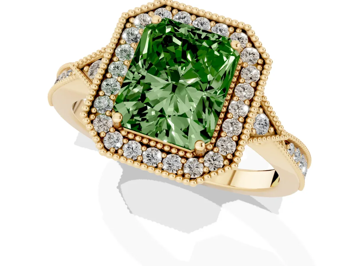 Fancy Green Radiant Cut Halo Round Diamond Milgrain Pave Engagement Ring Yellow gold