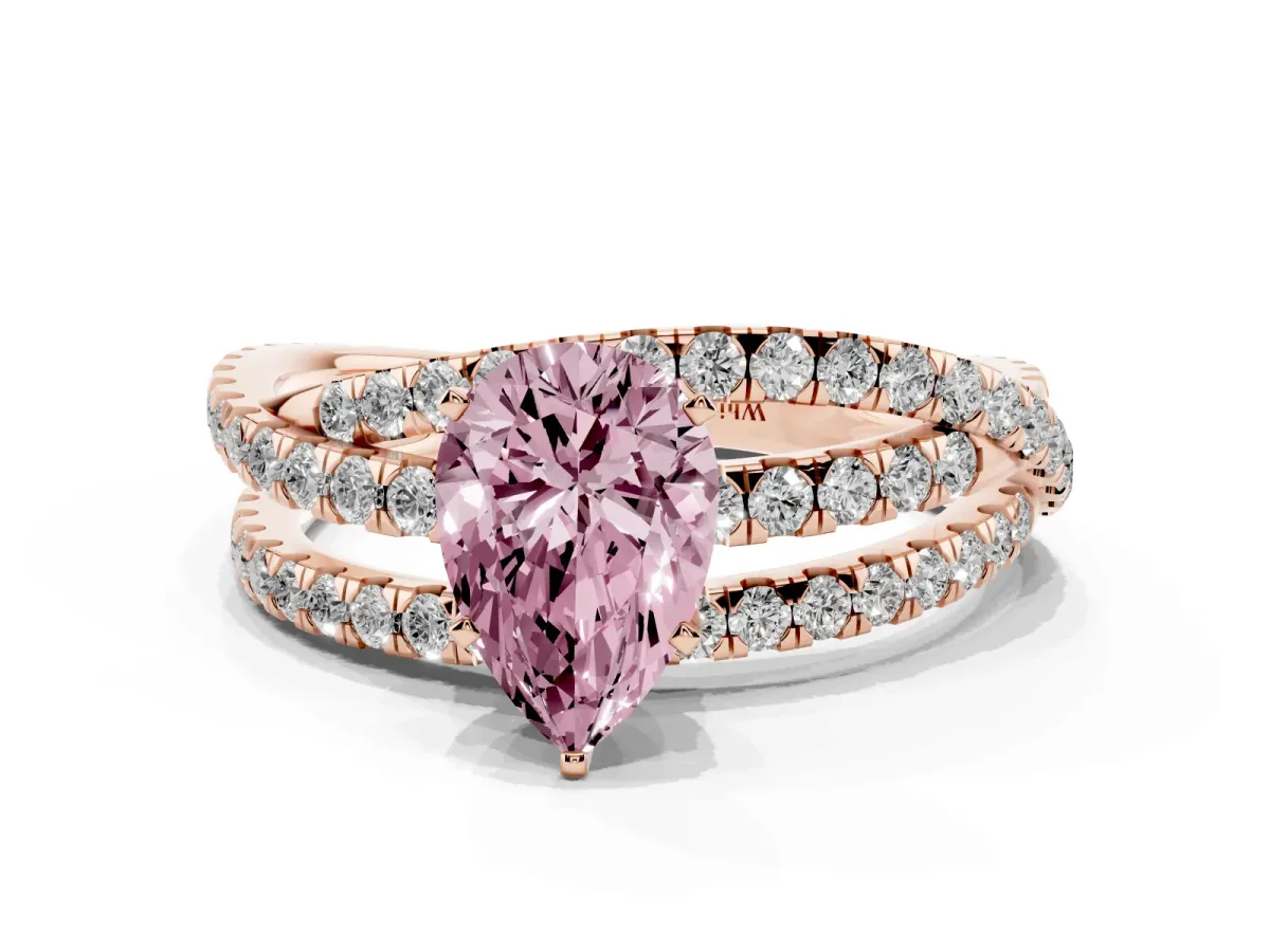Fancy Pink Pear Cut Solitaire Twist Band with Pavé Setting and Four-Prong Setting Rose gold