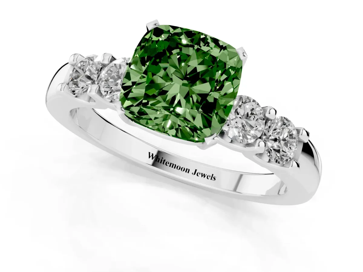 Fancy Green Cushion Cut Brilliant Cut Diamond Five-Stone Prong Set Engagement Ring with Channel Band White gold