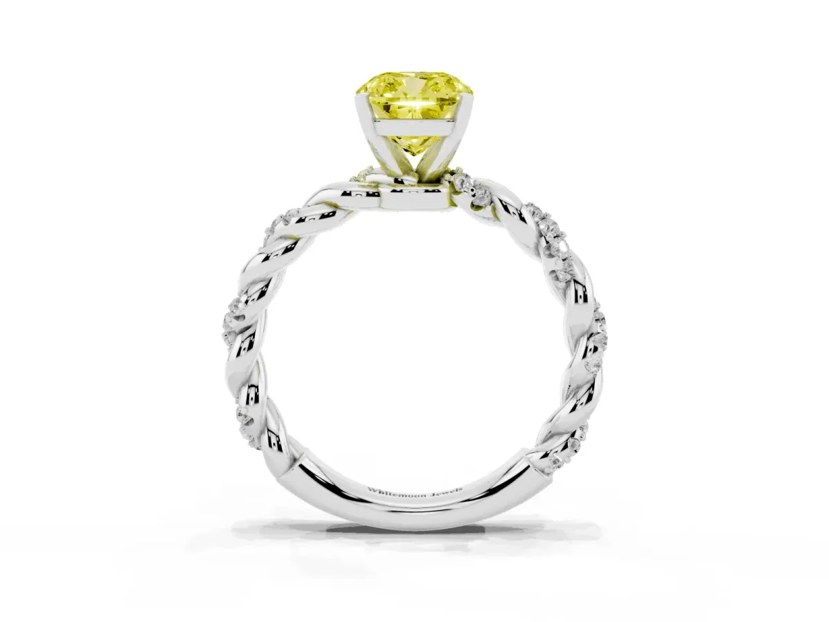 Fancy Yellow Cushion Cut Diamond Solitaire Ring with Twisted Band and Pavé Accents White gold