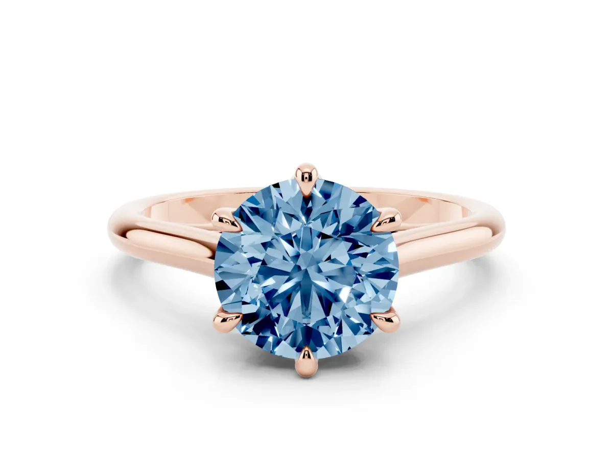 Fancy Blue Round Cut Solitaire Engagement Ring with Six-Prong Setting and Classic Band Rose gold