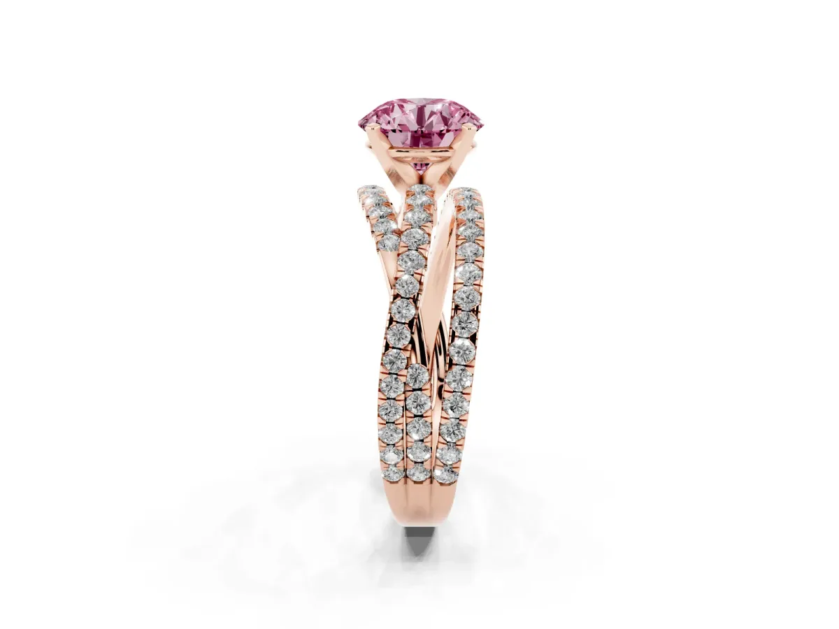 Fancy Pink Round Cut Solitaire Twist Band with Pavé Setting and Four-Prong Setting Rose gold