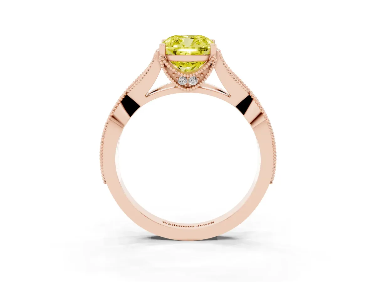 Fancy Yellow Cushion Cut Cut Diamond Twisted Band with Milgrain Pave Setting and Four-Prong Setting Rose gold