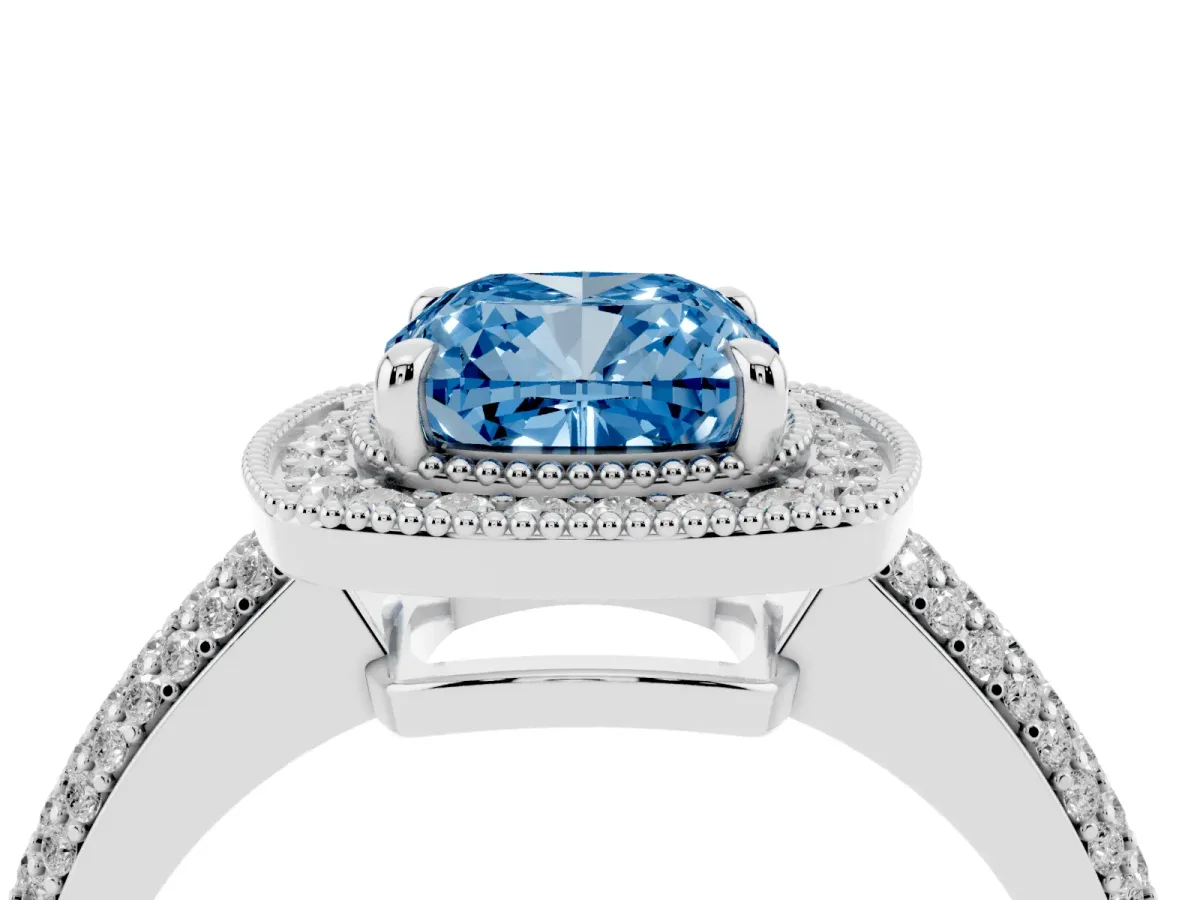 Fancy Blue Cushion Cut Cut Halo Diamond Pave Band with Four-Prong Setting Silver