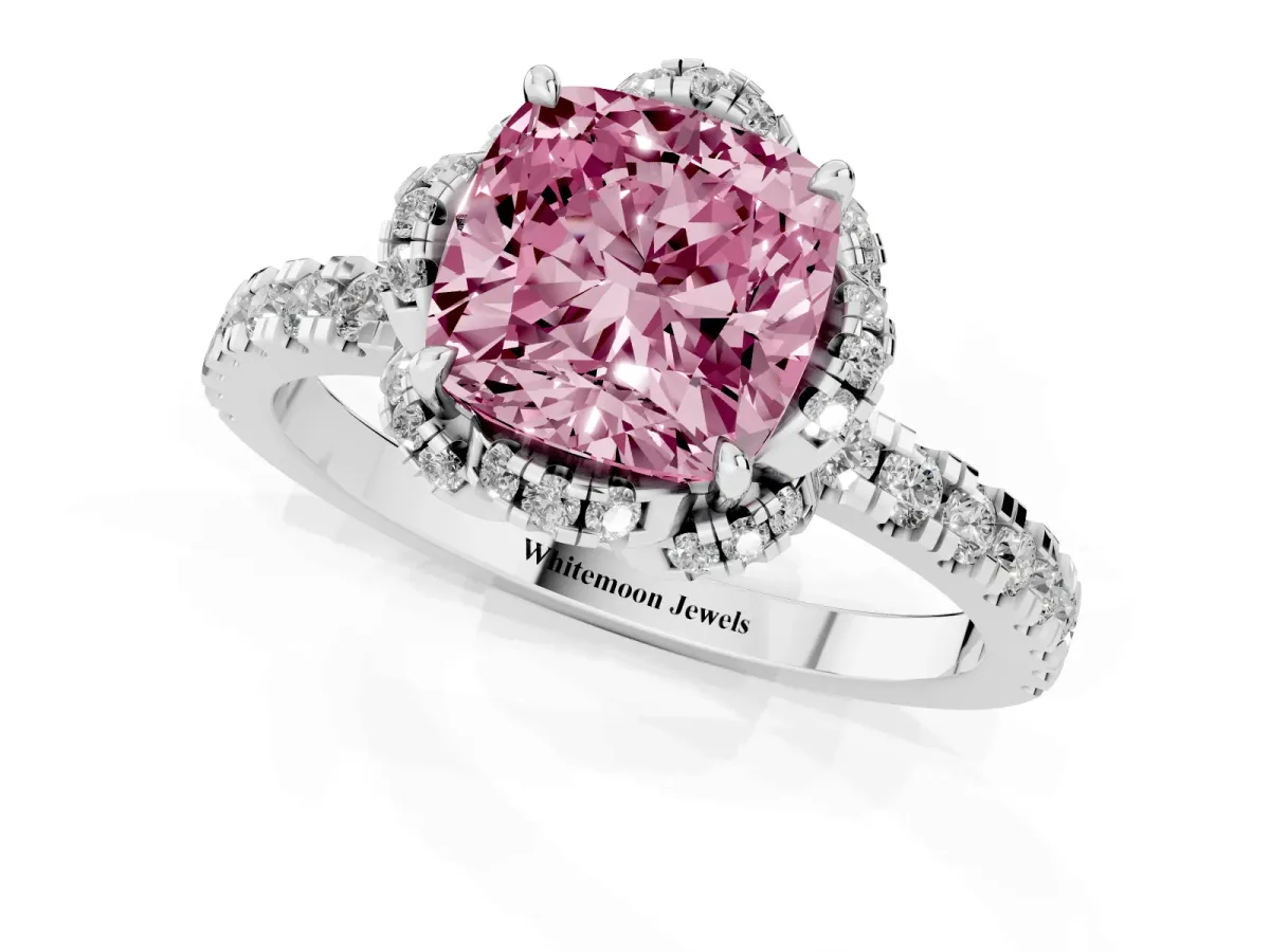 Fancy Pink Cushion Cut Diamond Halo Pave Band with Four-Prong Setting Silver