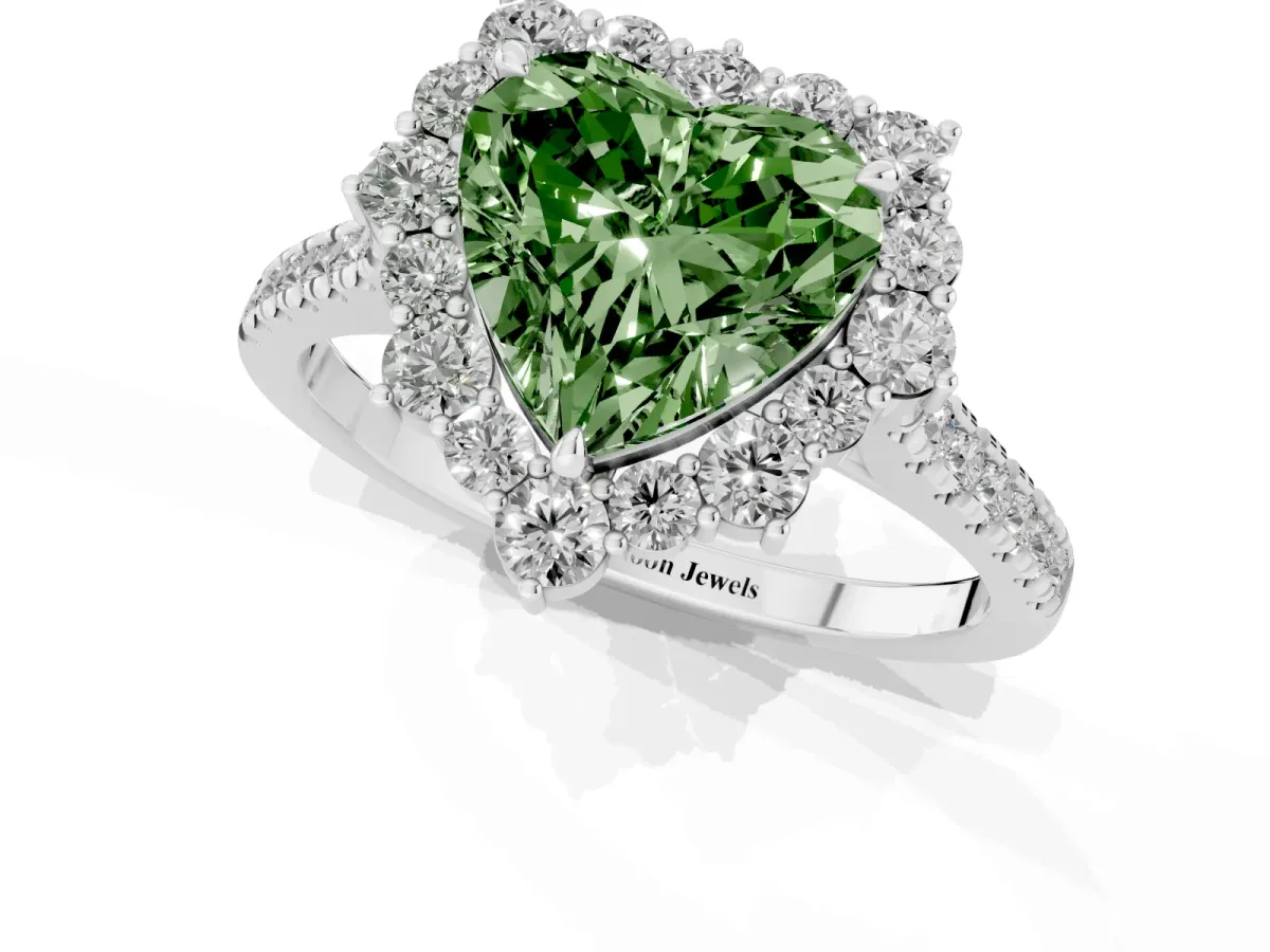 Fancy Green Heart Cut Halo Diamond Ring with Pavé Band and Prong Setting Silver