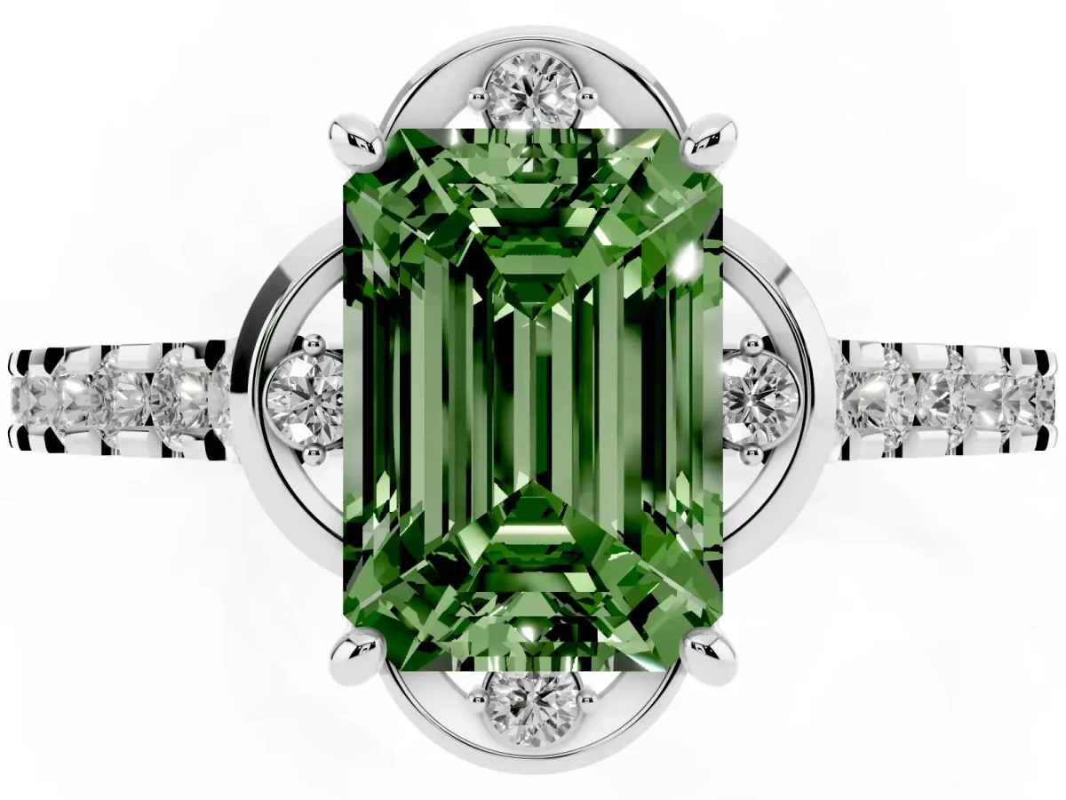 Fancy Green Emerald Cut Diamond Ring with Pavé Band and Floral Prong Setting Silver