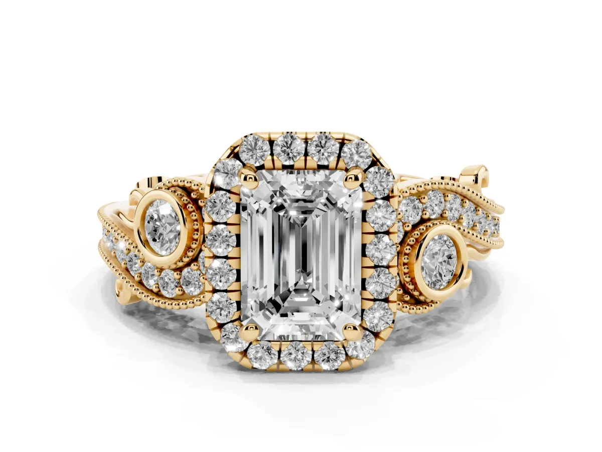Emerald Cut Diamond Halo Ring with Milgrain Pavé Band and Four-Prong Setting Yellow gold