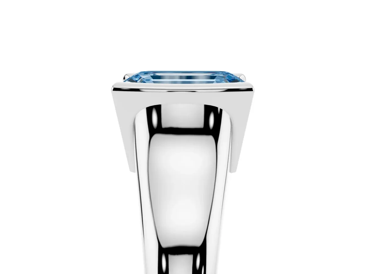 Fancy Blue Emerald Cut Solitaire Tension Set Diamond Ring with Split Shank Band Silver