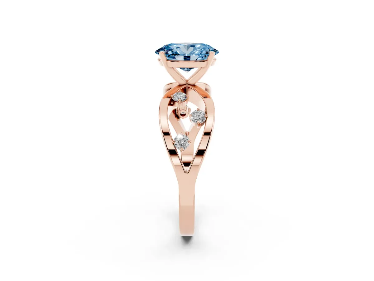Fancy Blue Oval Cut Cut Solitaire Diamond with Side Stones on Criss-Cross Band and Four-Prong Setting Rose gold