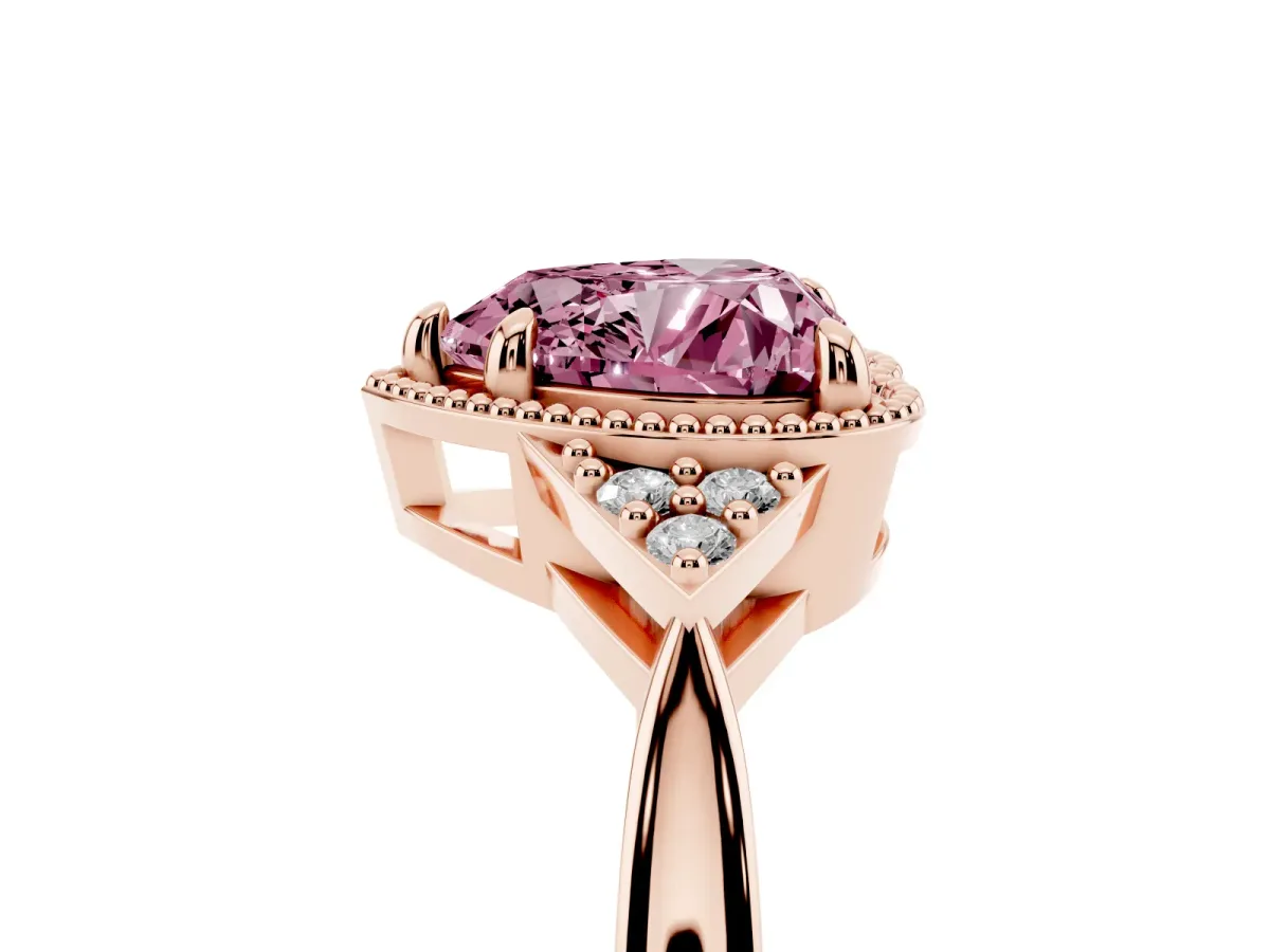 Fancy Pink Heart Cut Diamond Halo Ring with Tapered Band and Four-Prong Setting Rose gold