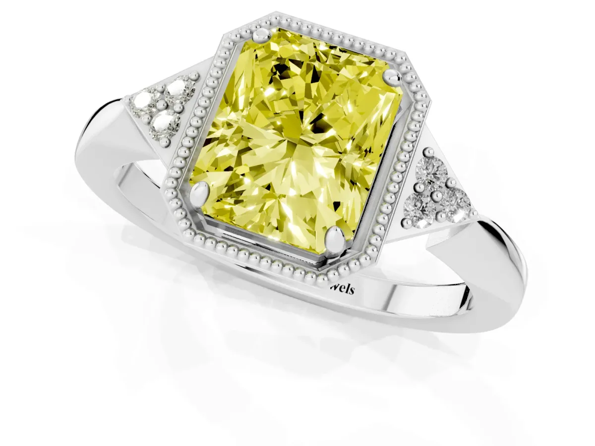 Fancy Yellow Hexagonal Halo Radiant Cut Diamond Solitaire with Pavé Band and Four-Prong Setting White gold