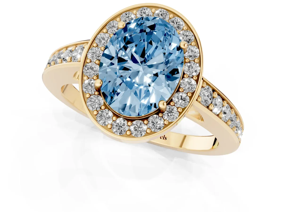 Fancy Blue Oval Cut Halo Pavé Diamond Engagement Ring with Bezel Setting Yellow gold