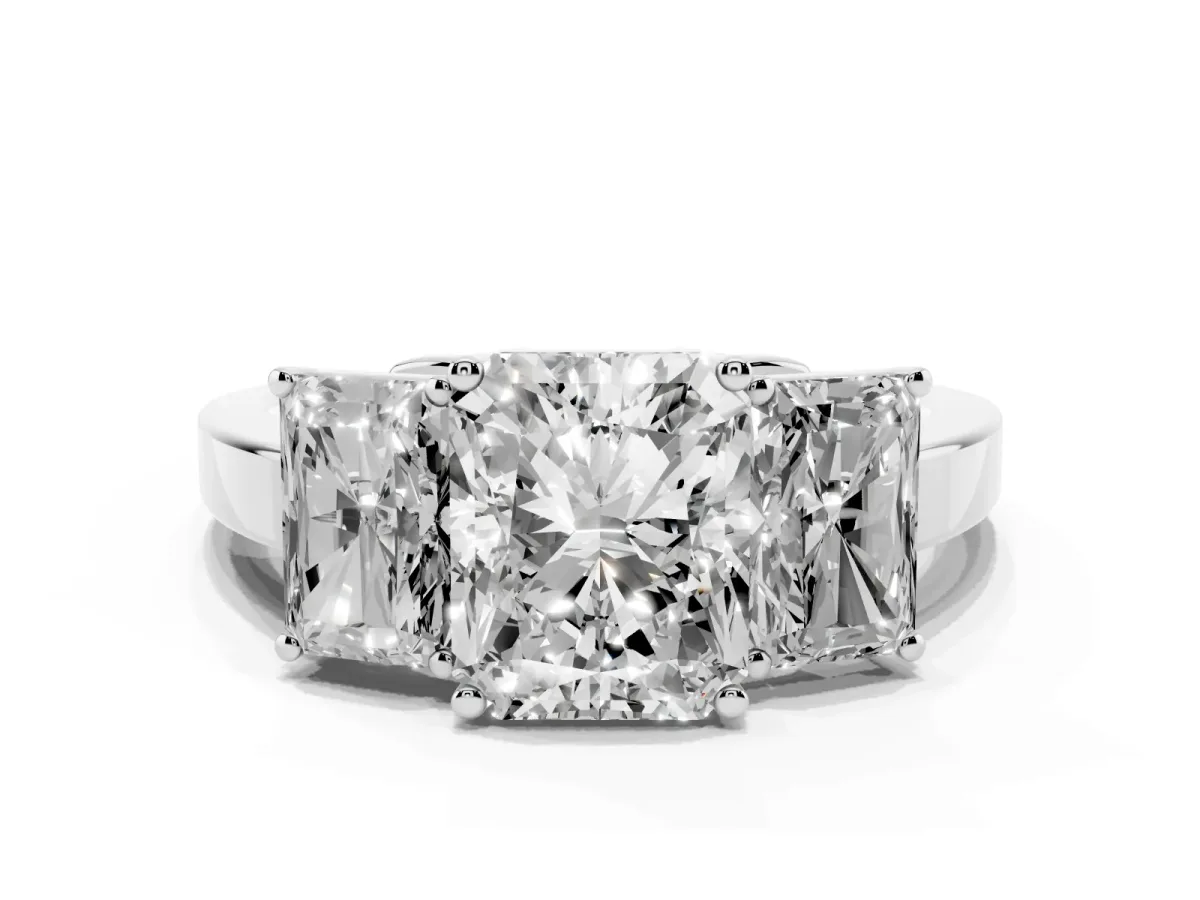 Three-Stone Radiant Cut Cut Diamond Engagement Ring with Flat Band and Four-Prong Setting Silver