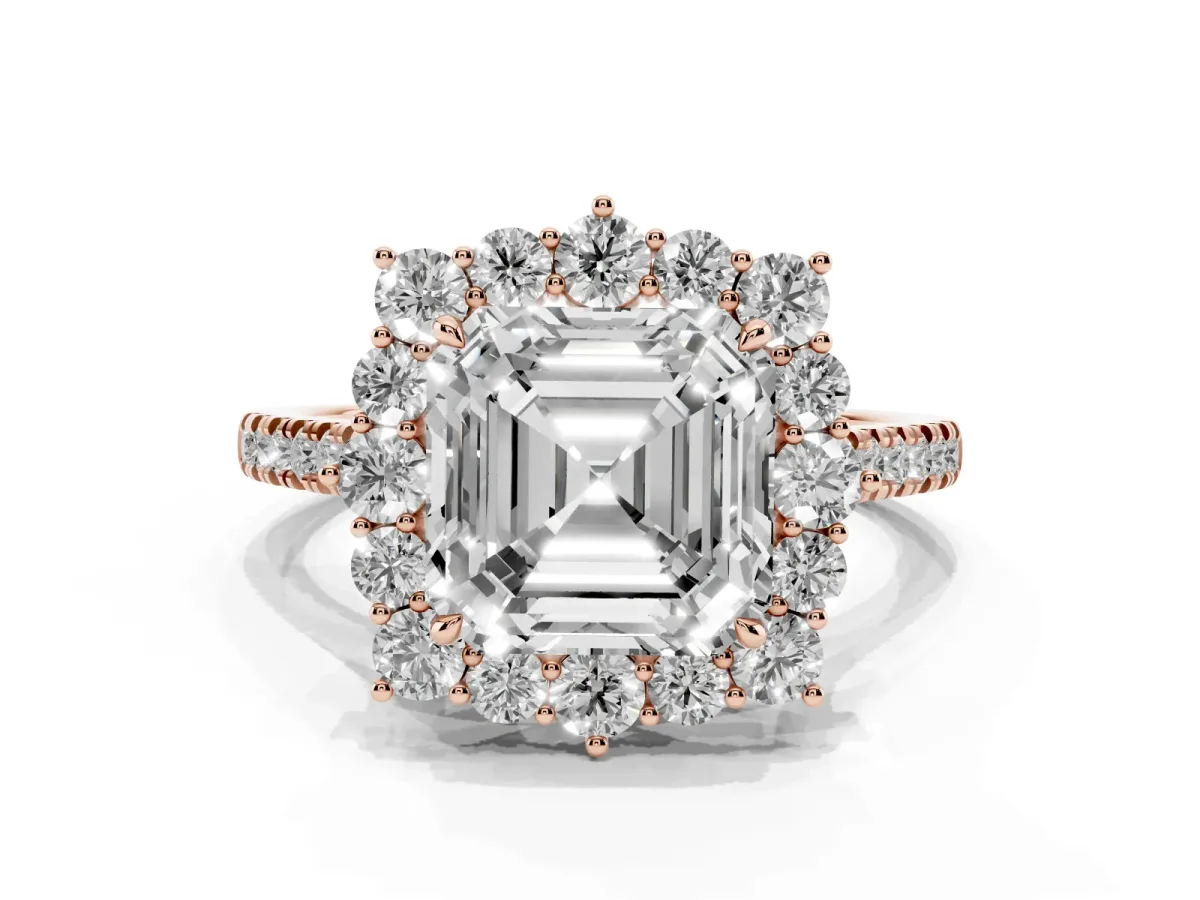 Asscher Cut Halo Diamond Ring with Pavé Band and Prong Setting Rose gold
