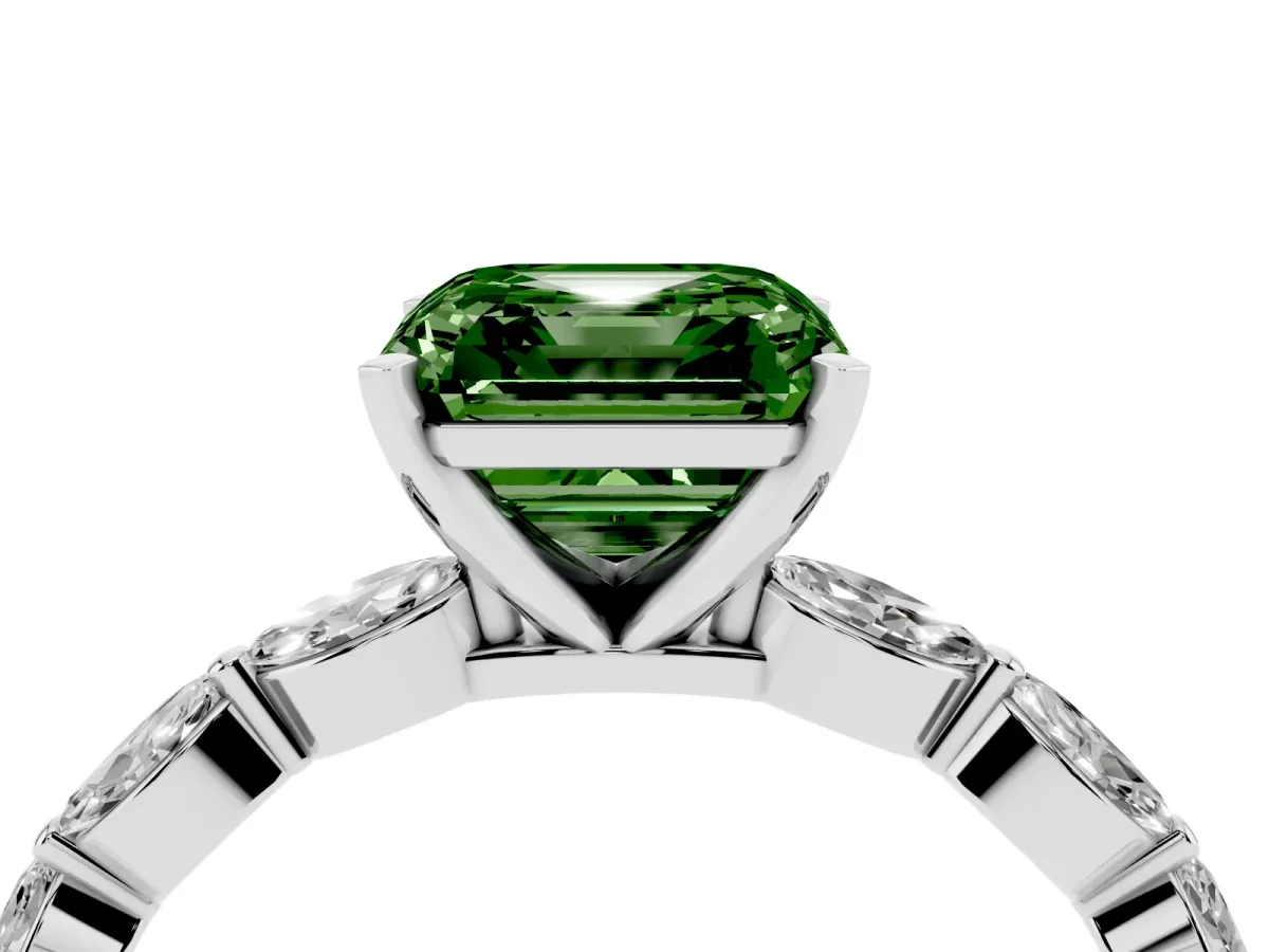 Fancy Green Asscher Cut Diamond Ring with Marquise Side Stones and Prong Setting Silver