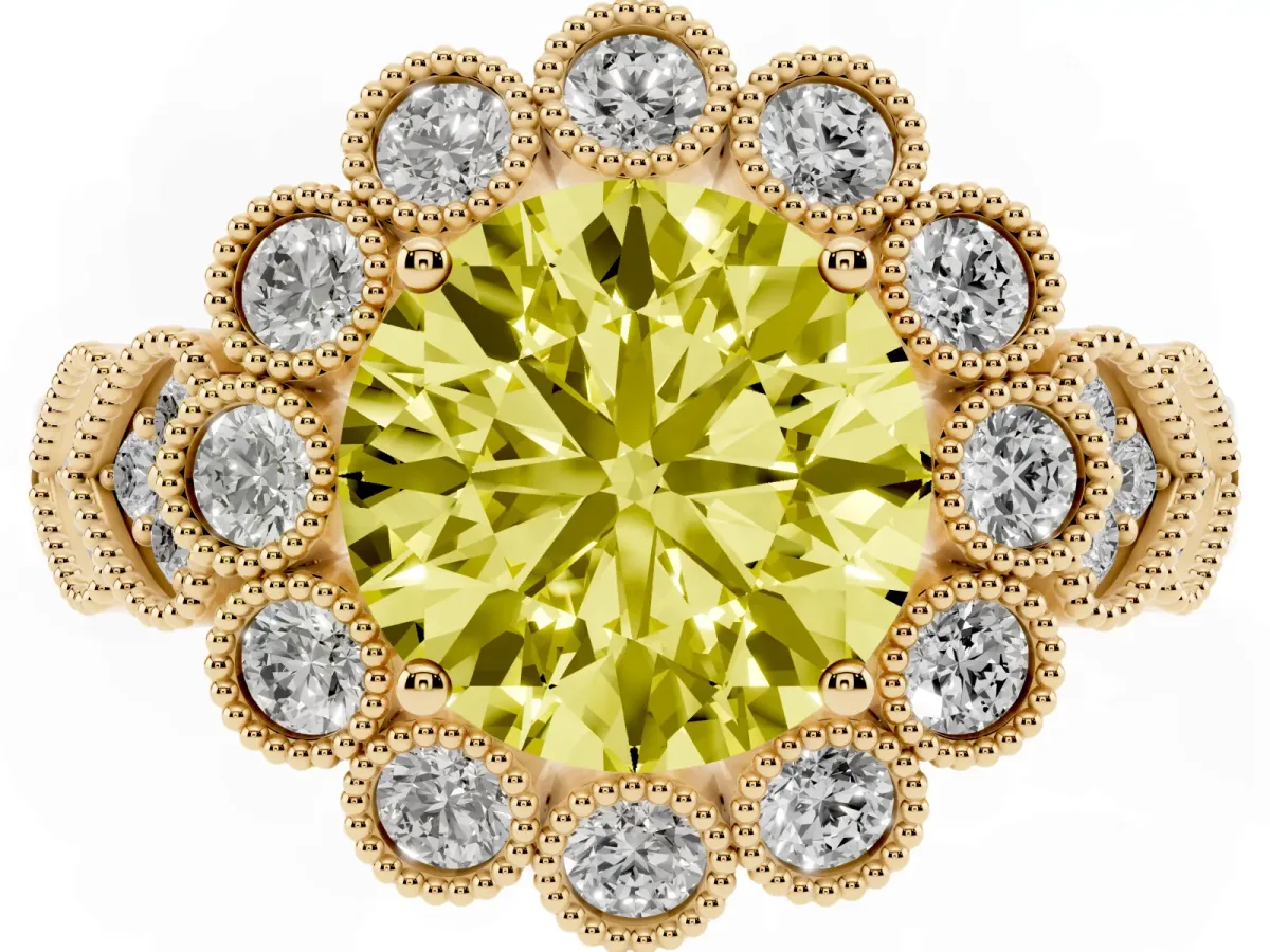 Fancy Yellow Round Cut Brilliant Milgrain Pave Heart Band Solitaire Ring Yellow gold