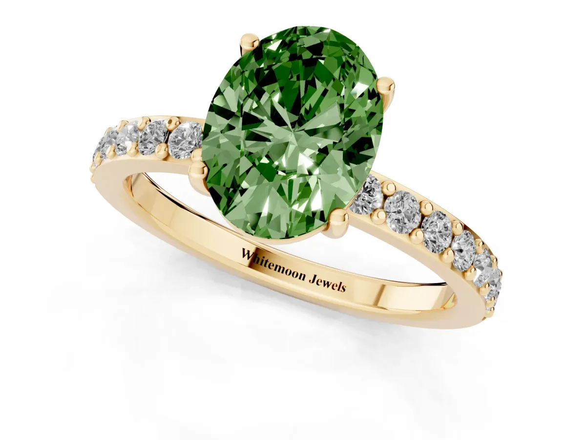 Fancy Green Oval Cut Cut Diamond Solitaire with Pave Band and Four-Prong Setting Yellow gold