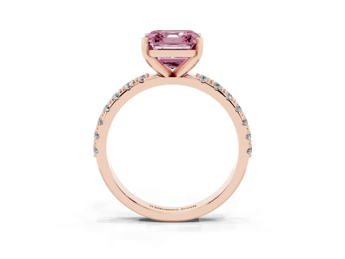 Fancy Pink Asscher Cut Diamond Solitaire Pavé Band with Four-Prong Setting Rose gold
