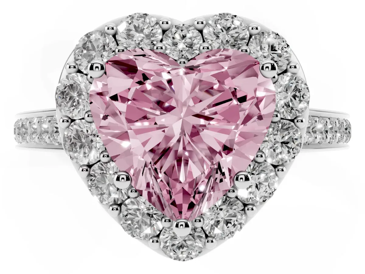 Fancy Pink Heart Cut Diamond Floral Halo Ring with Pavé Band and Prong Setting White gold
