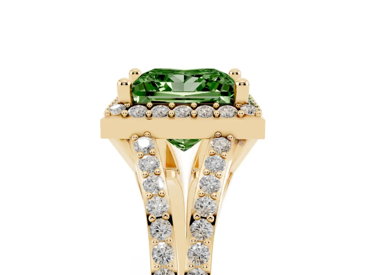 Fancy Green Princess Cut Halo Split Shank Pave Diamond Ring with Four-Prong Setting Yellow gold
