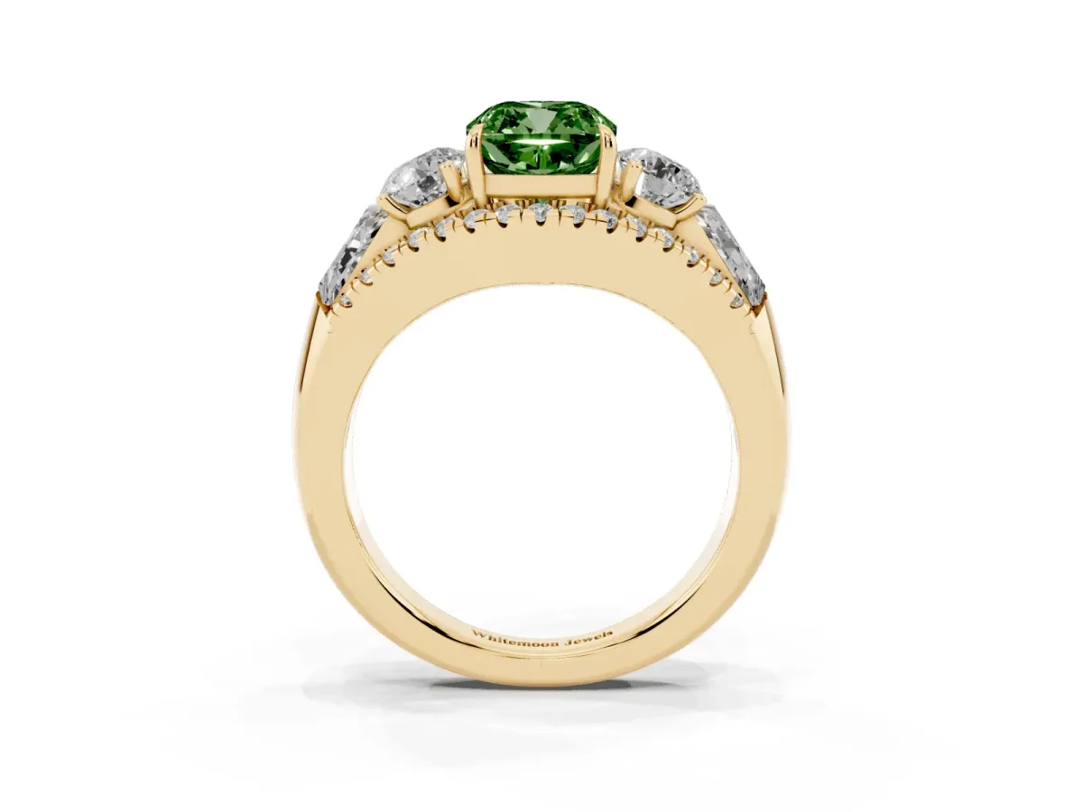 Fancy Green Three-Stone Cushion Cut Diamond Engagement Ring with Pave Band and Prong Setting Yellow gold