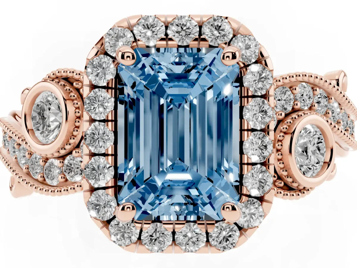 Fancy Blue Emerald Cut Diamond Halo Ring with Milgrain Pavé Band and Four-Prong Setting Rose gold