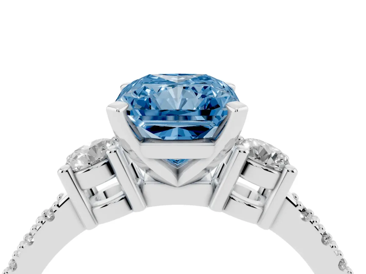 Fancy Blue Radiant Cut Three-Stone Diamond Pavé Band with Prong Setting Silver